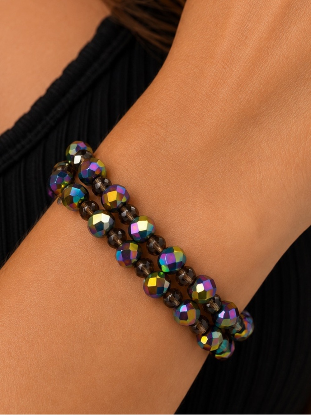 Multi-Color (Oil Slick) Faceted Beaded Wrap Bracelet - Picture 2 of 5
